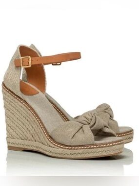 Tory Burch Espadrille Wedge Sandals Linen Tan Leather Ankle Strap Size 8.5